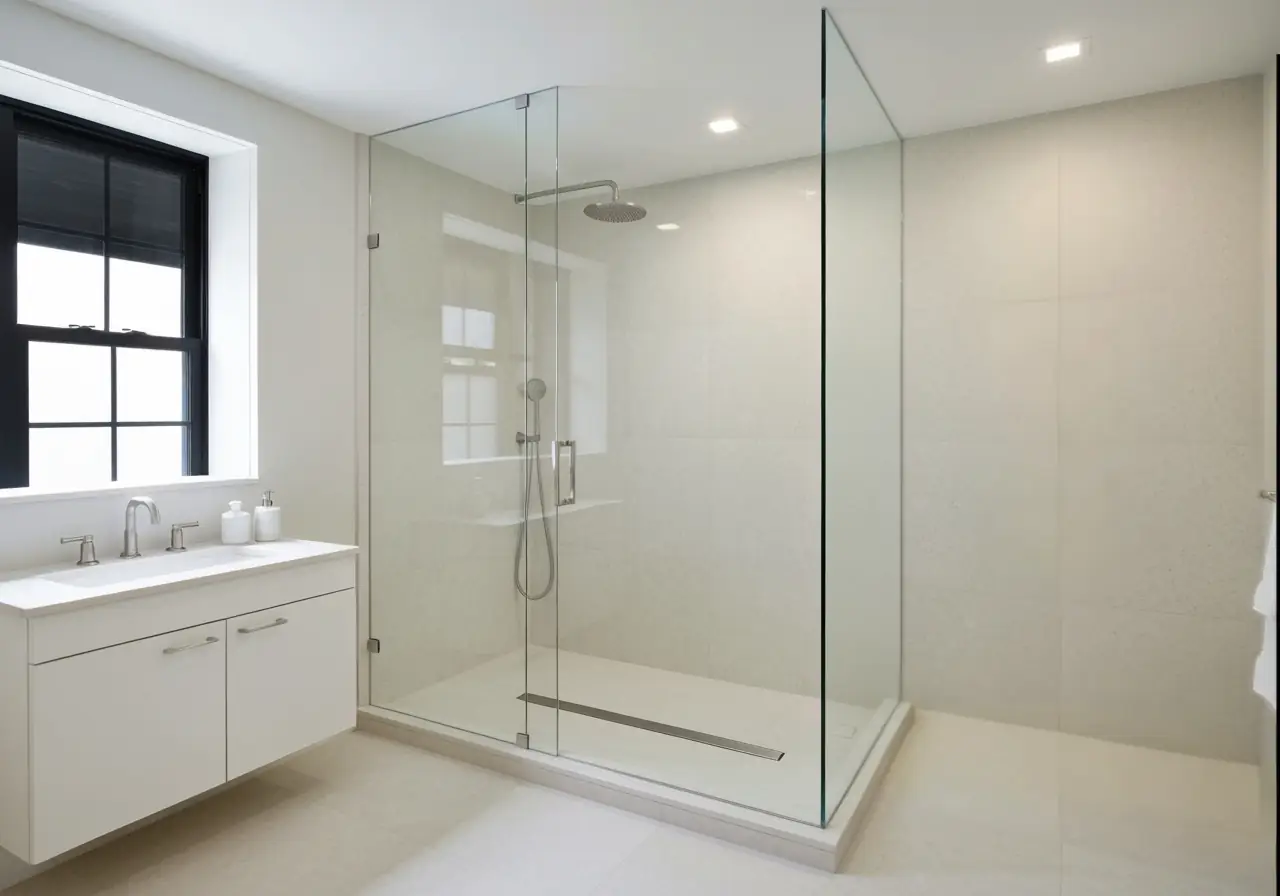 Manhattan loft bathroom with walk-in shower and luxury waterproofing design.