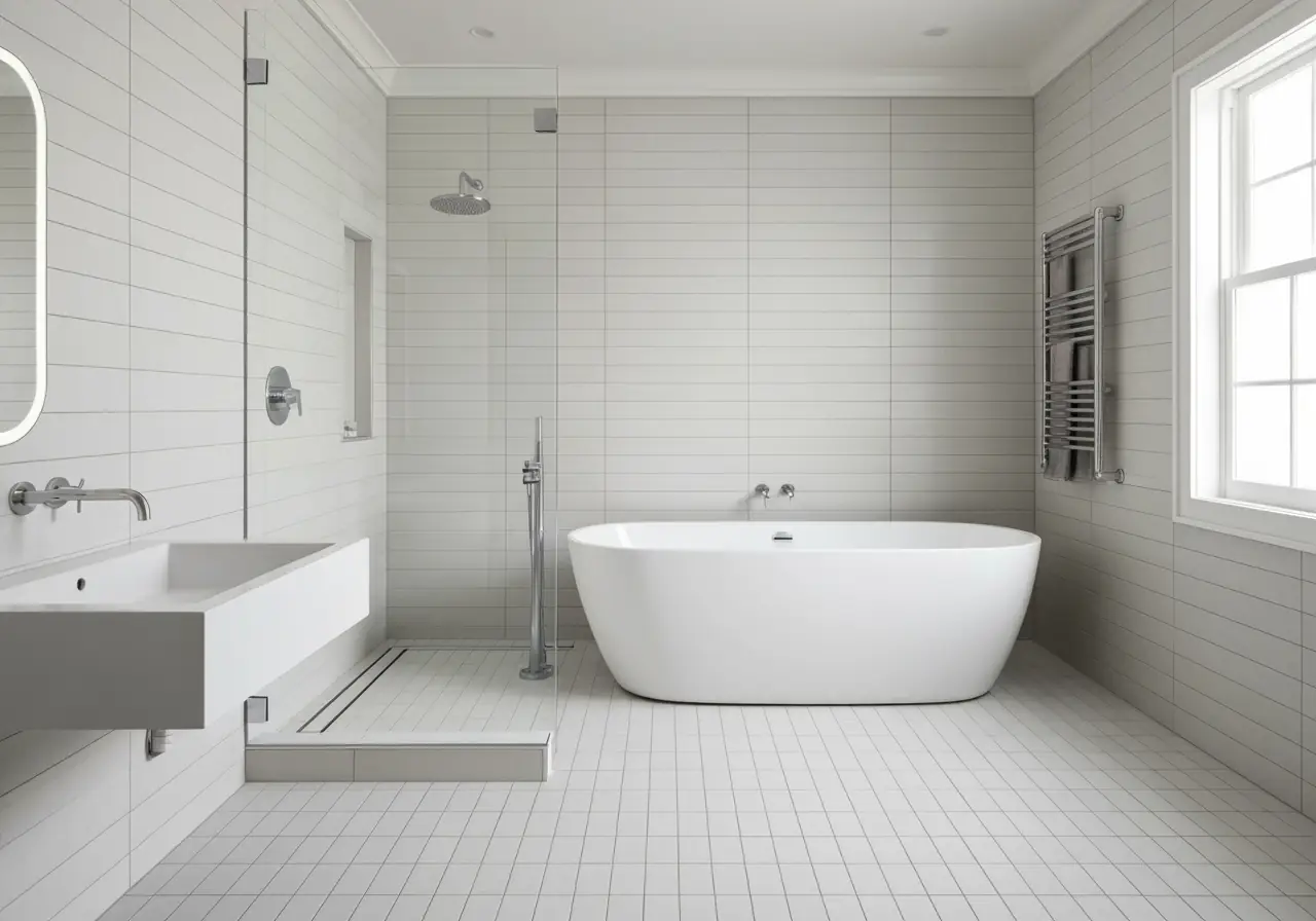 Manhattan wet room bathroom with porcelain tiles and barrier-free floor.