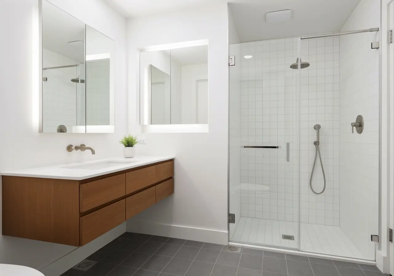 Minimalist Manhattan bathroom with floating vanity and frameless shower.