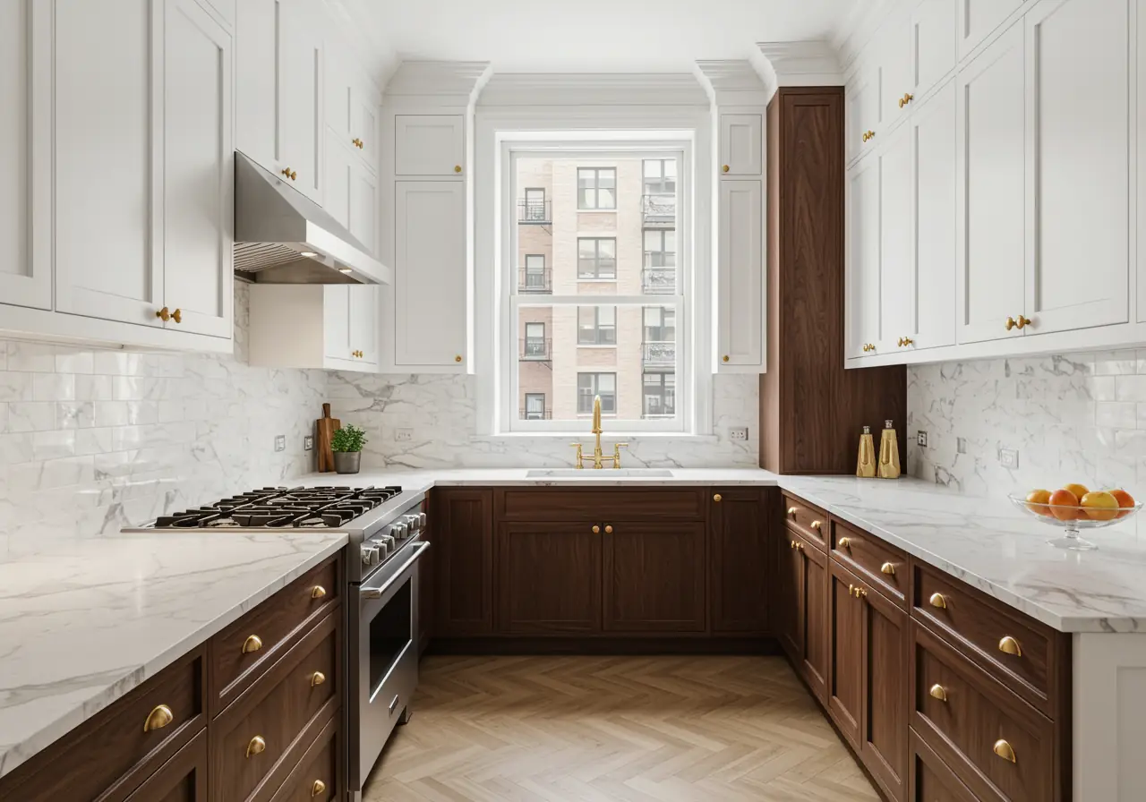 Luxury Manhattan kitchen with white and walnut two-tone cabinets, brass accents, and marble countertops.