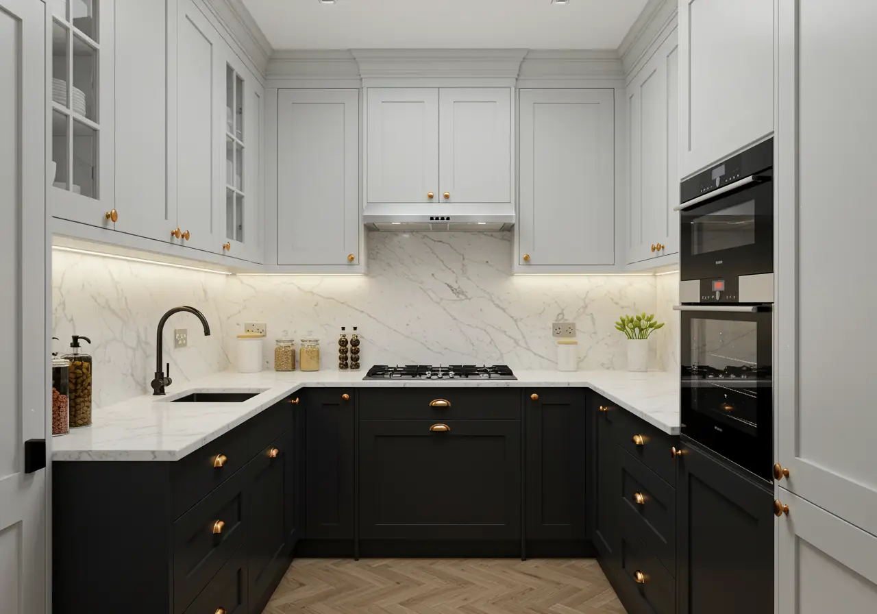 Small Manhattan kitchen with gray upper cabinets and dark charcoal lower cabinetry maximizing spatial balance.