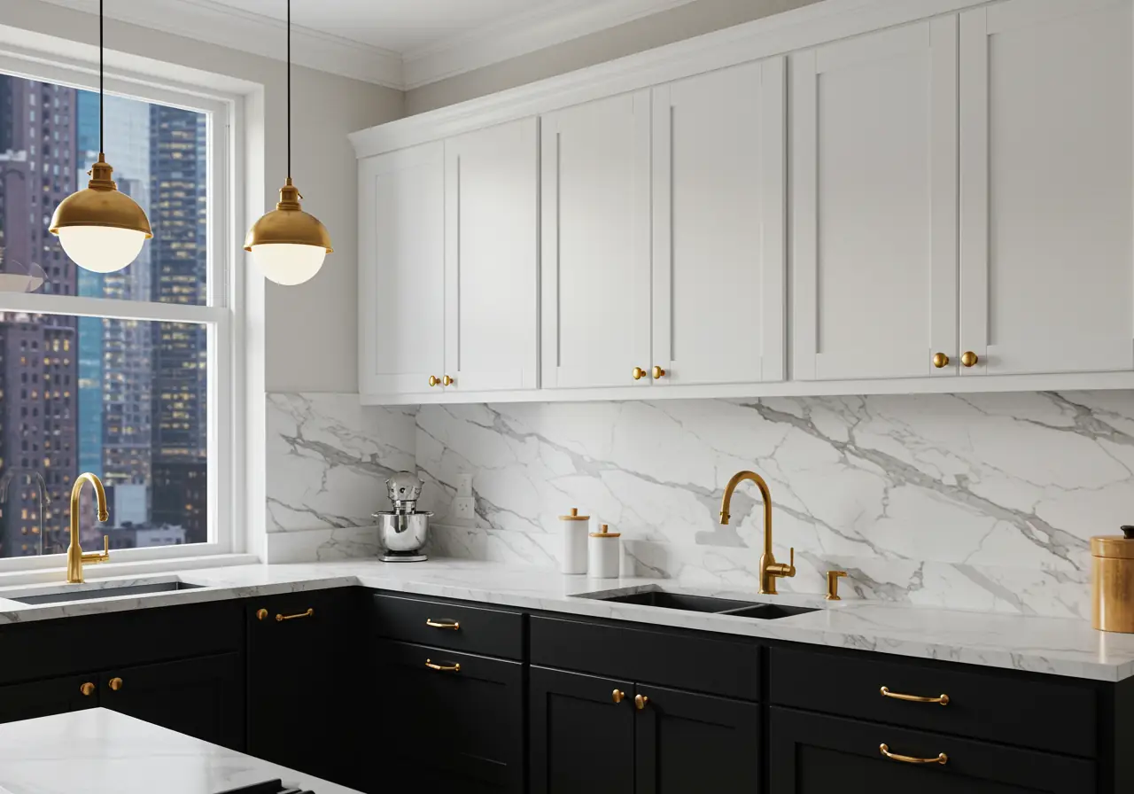 Luxury Manhattan kitchen with white upper cabinets, black lower cabinets, and brass hardware.