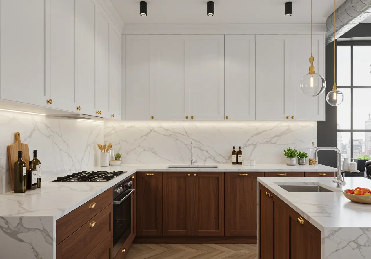 Two-tone Manhattan kitchen with white uppers, walnut lowers, and marble backsplash.