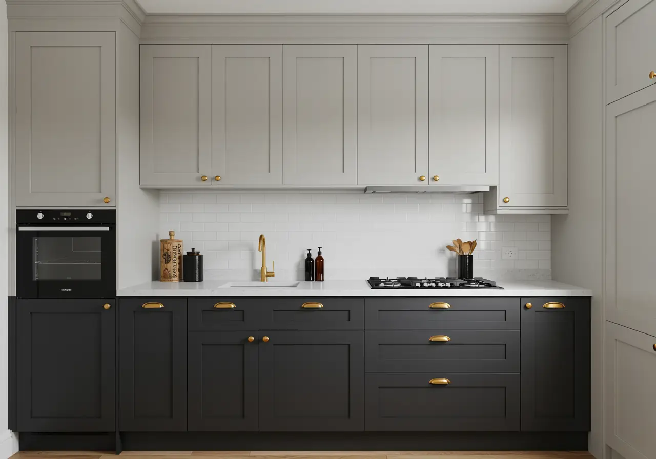 Modern Manhattan apartment kitchen with gray upper and charcoal lower cabinets.