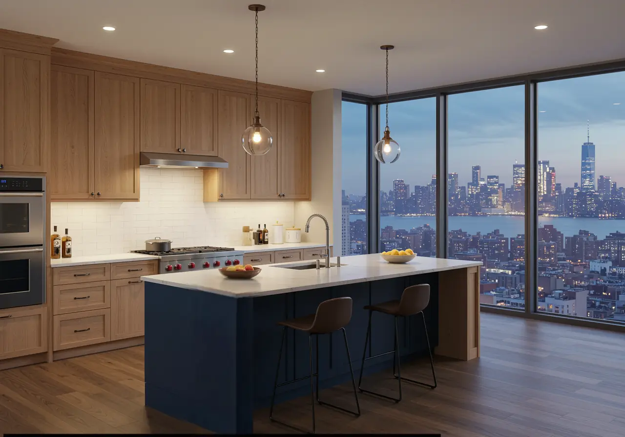 Manhattan two-tone kitchen with oak cabinets and a midnight blue contrasting island.