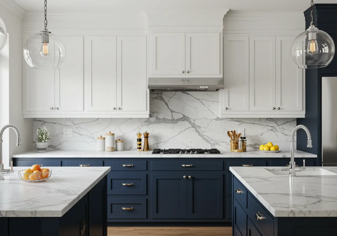 Transitional Manhattan kitchen with navy base cabinets and white upper cabinetry.