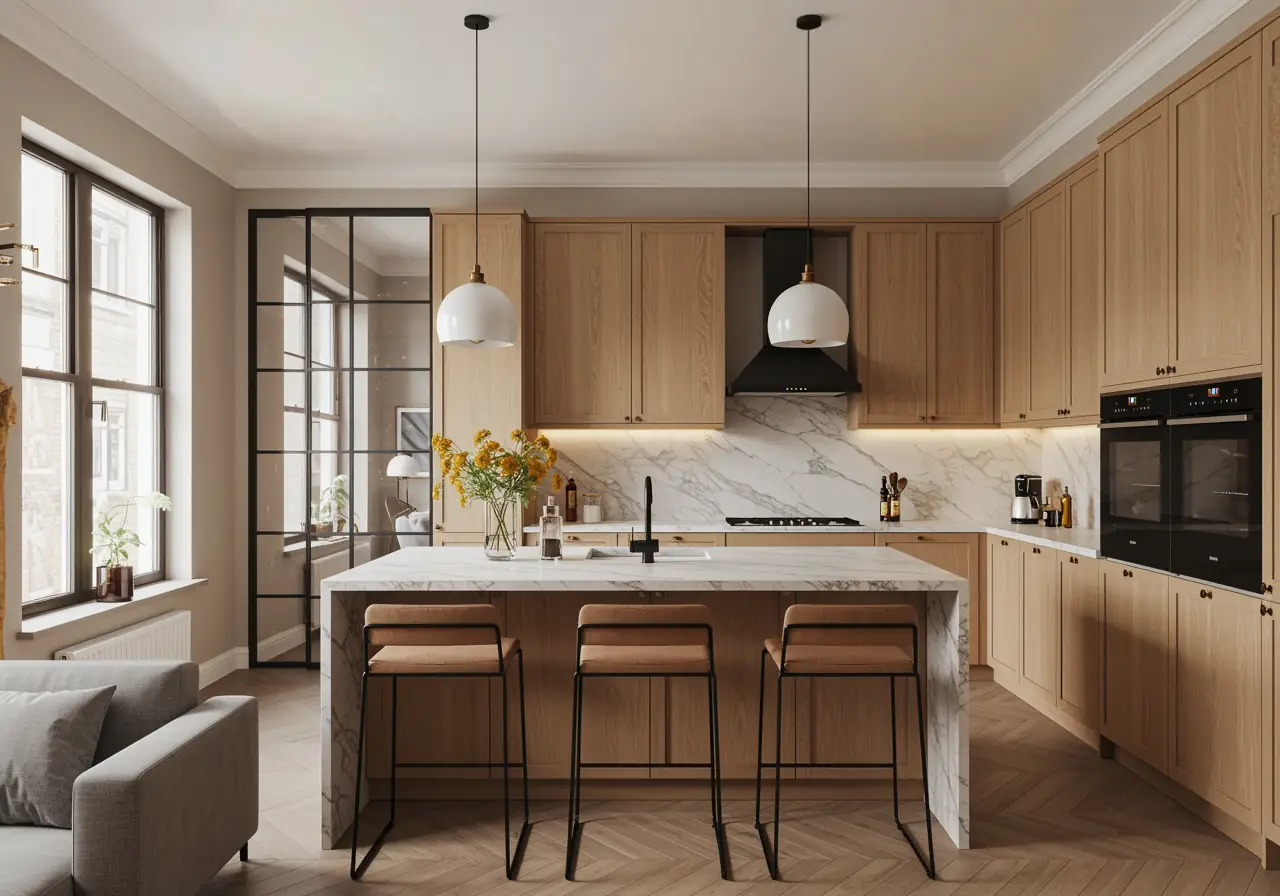 Modern Manhattan hybrid kitchen with glass partitions, marble island, and custom oak cabinetry.