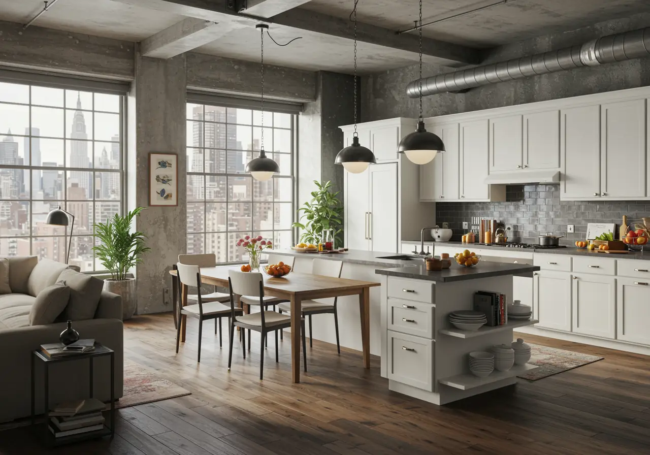 Classic open-concept Manhattan kitchen with white cabinetry and open dining-living layout.