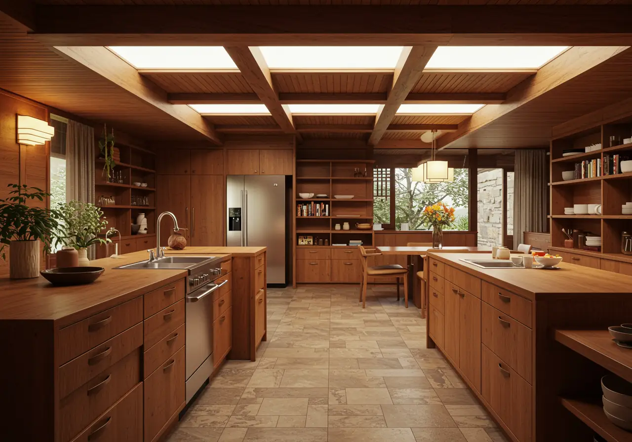 Mid-century kitchen with Frank Lloyd Wright–style design featuring wood, stone, and open plan.