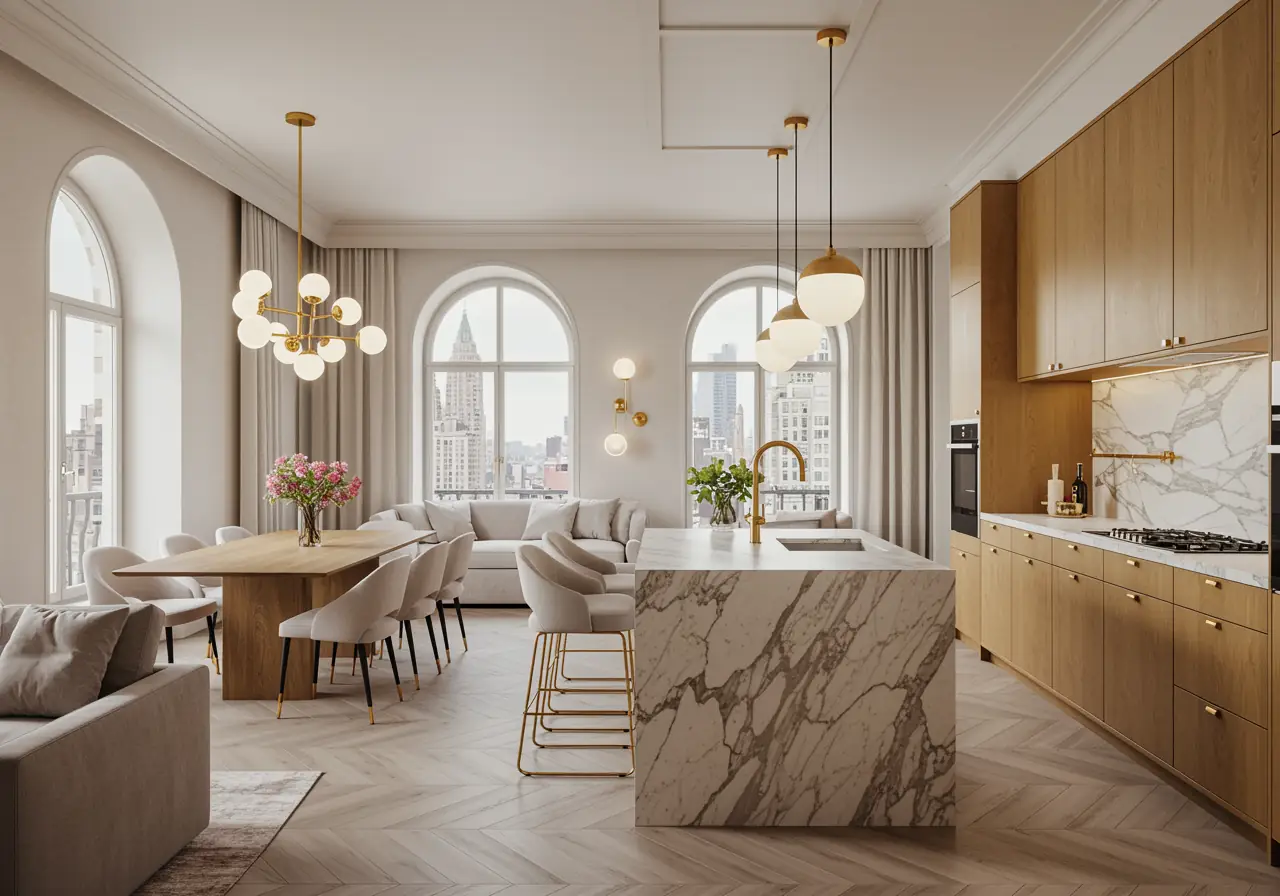 Open-plan Manhattan great room with marble kitchen island and arched windows.