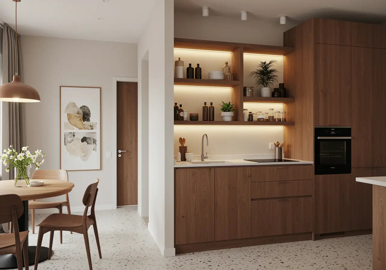 Modern kitchen with partial wall divider and built-in shelving in Manhattan apartment.