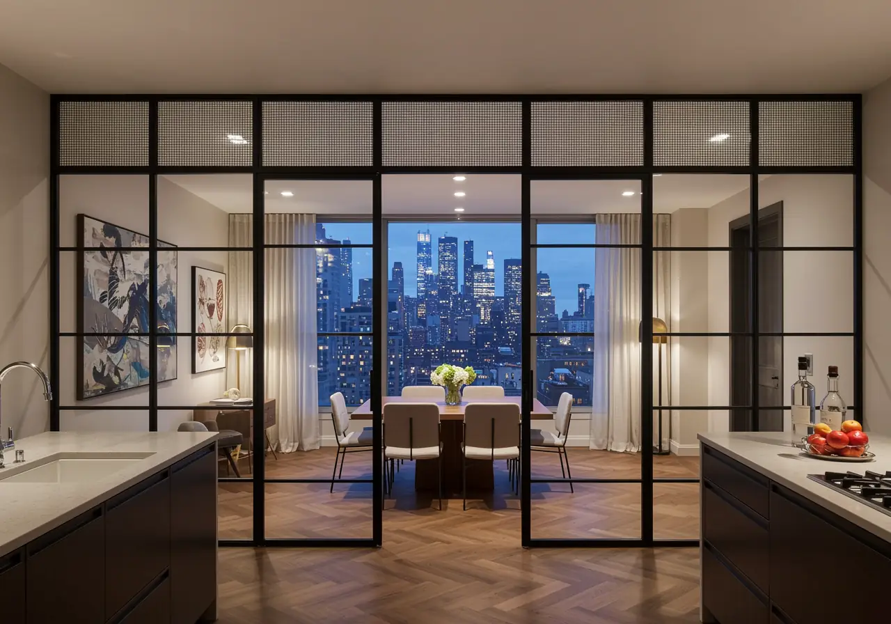 Crittall-style glass partition separating Manhattan kitchen from dining area with city view.
