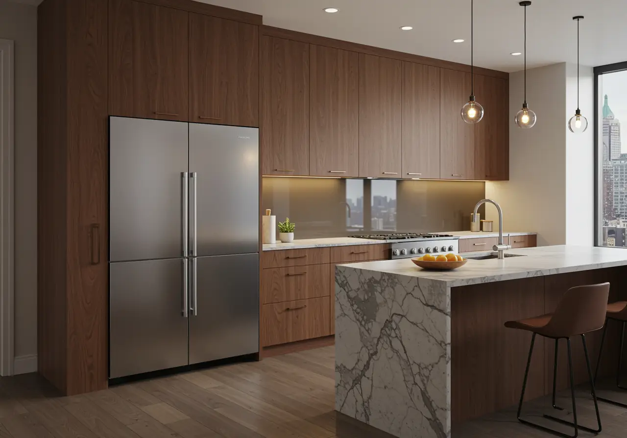 Luxury Manhattan kitchen with fully integrated panel-ready appliances and custom walnut cabinetry.