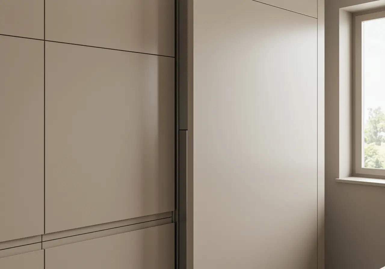 Flush-mounted panel-ready refrigerator integrated into beige lacquer cabinetry in a Manhattan kitchen.