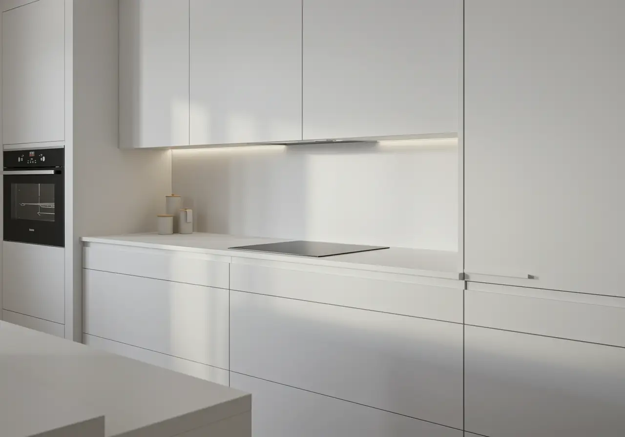 Handleless matte white kitchen cabinets with push-to-open design in a Manhattan renovation.