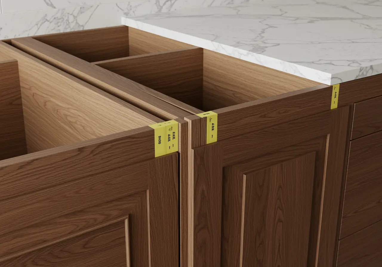 Close-up of custom millwork installation for seamless appliance paneling in a Manhattan kitchen.