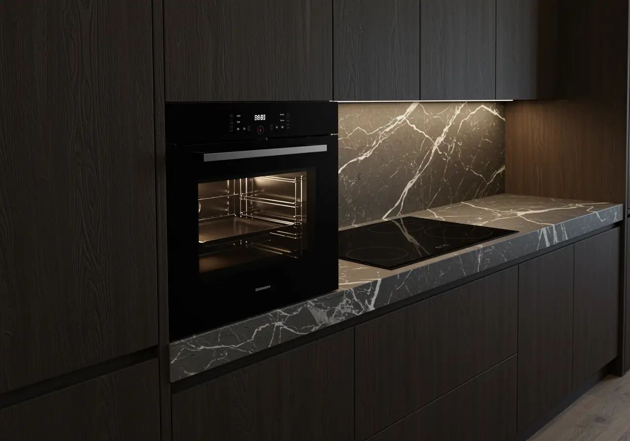 Flush wall oven and induction cooktop in marble and oak integrated kitchen in Manhattan.