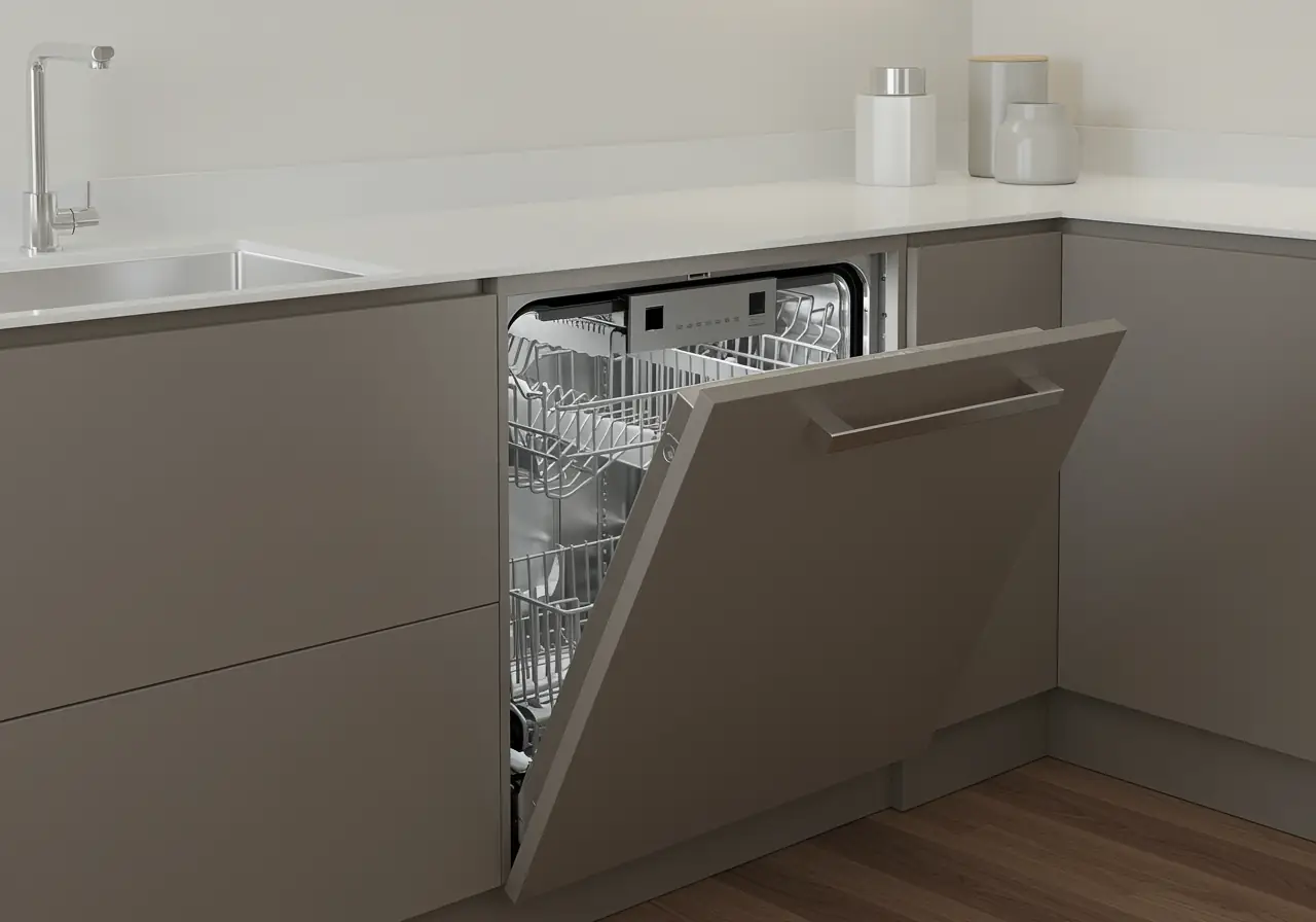 Panel-ready dishwasher integrated into matte taupe cabinetry in a Manhattan kitchen.