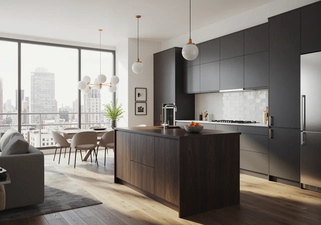 Compact open-plan Manhattan kitchen with integrated appliances and walnut island design.