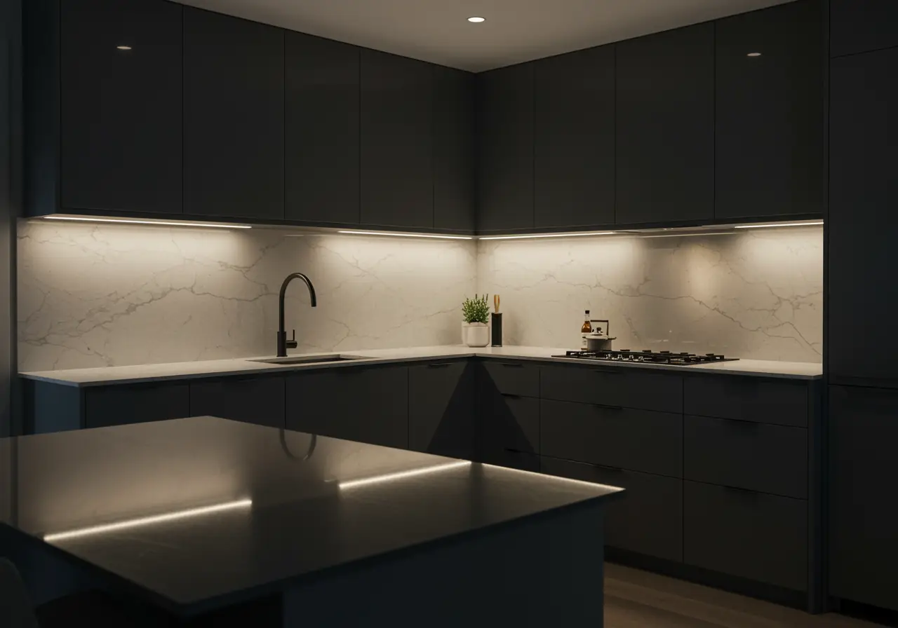 Evening Manhattan kitchen with integrated appliances and illuminated marble backsplash.