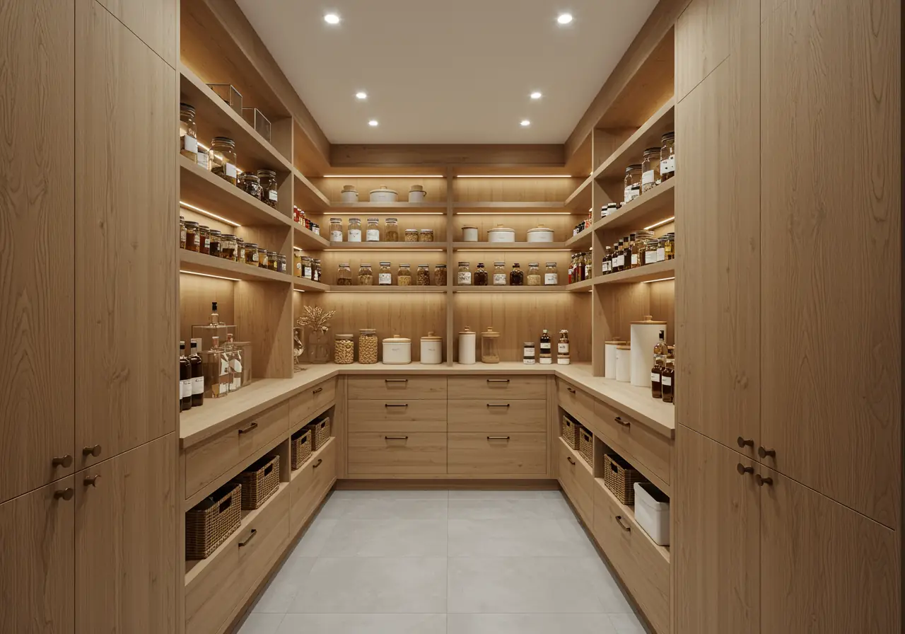 Luxury walk-in pantry in Manhattan with oak shelving and LED lighting.