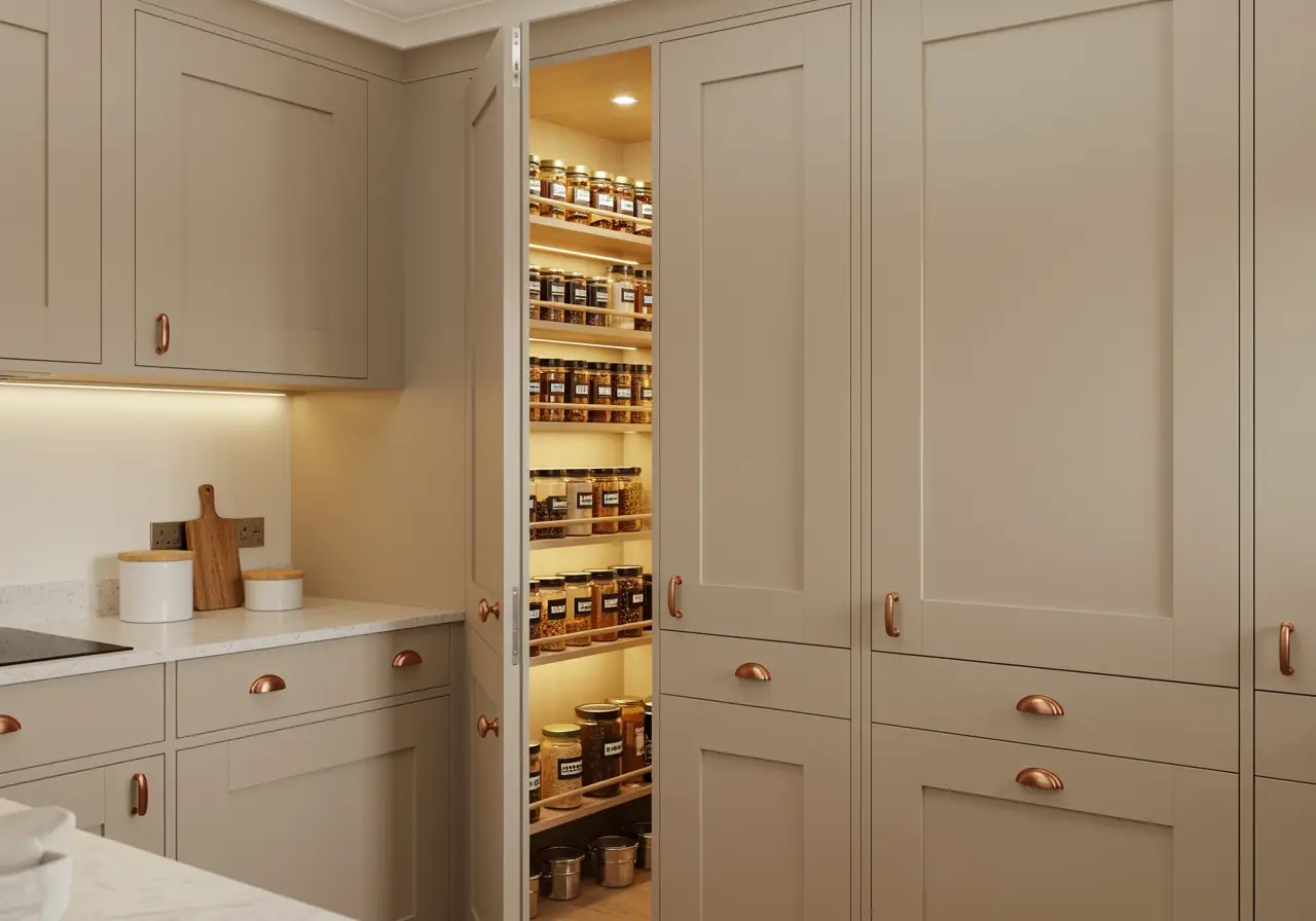 Hidden pantry entrance in a Manhattan kitchen with matching cabinetry panels.