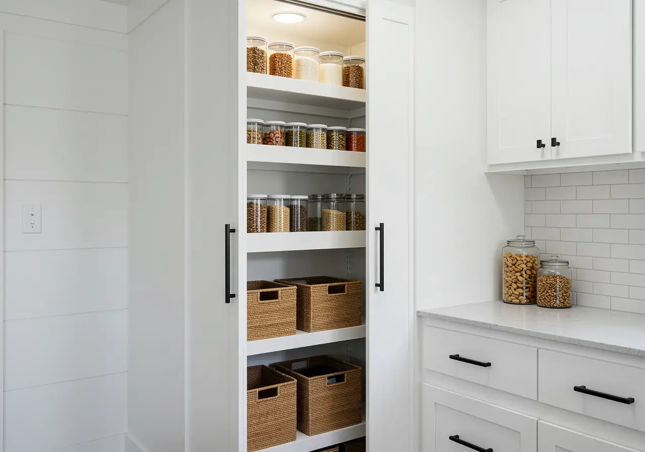 Compact slide-in pantry in a Manhattan apartment with white shelves.