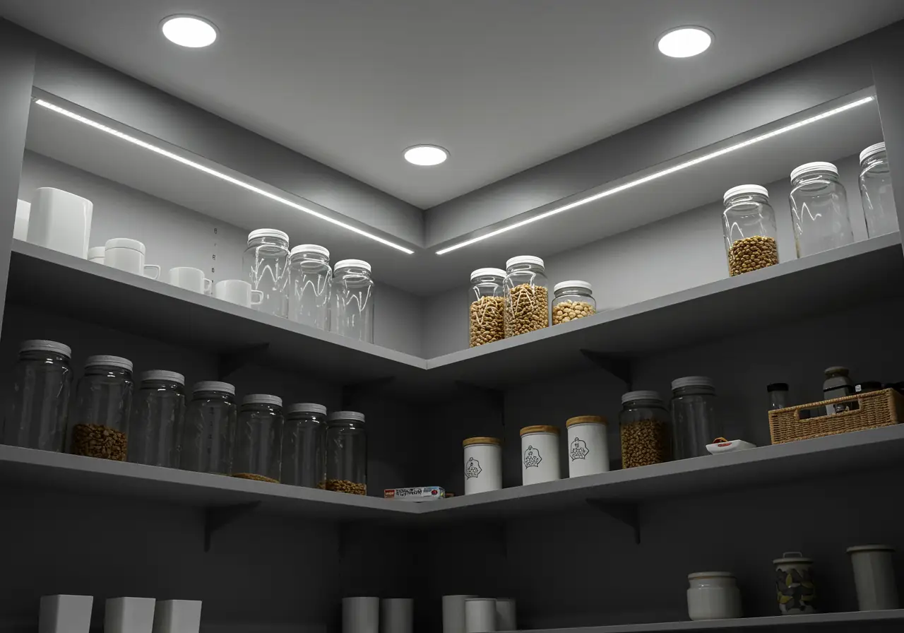 LED lighting design in Manhattan pantry with satin shelves and glass jars.