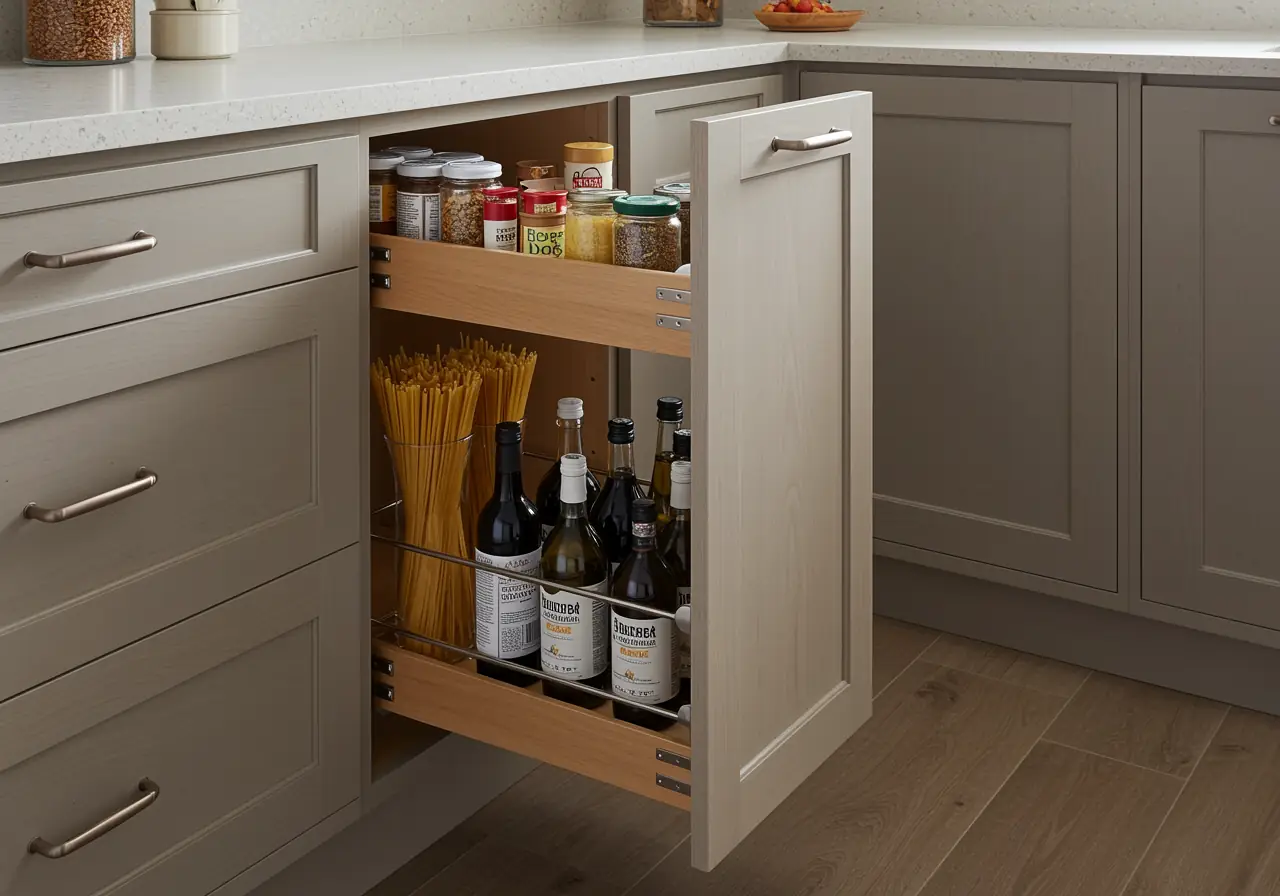 Pull-out pantry drawers in Manhattan kitchen with oak interiors.