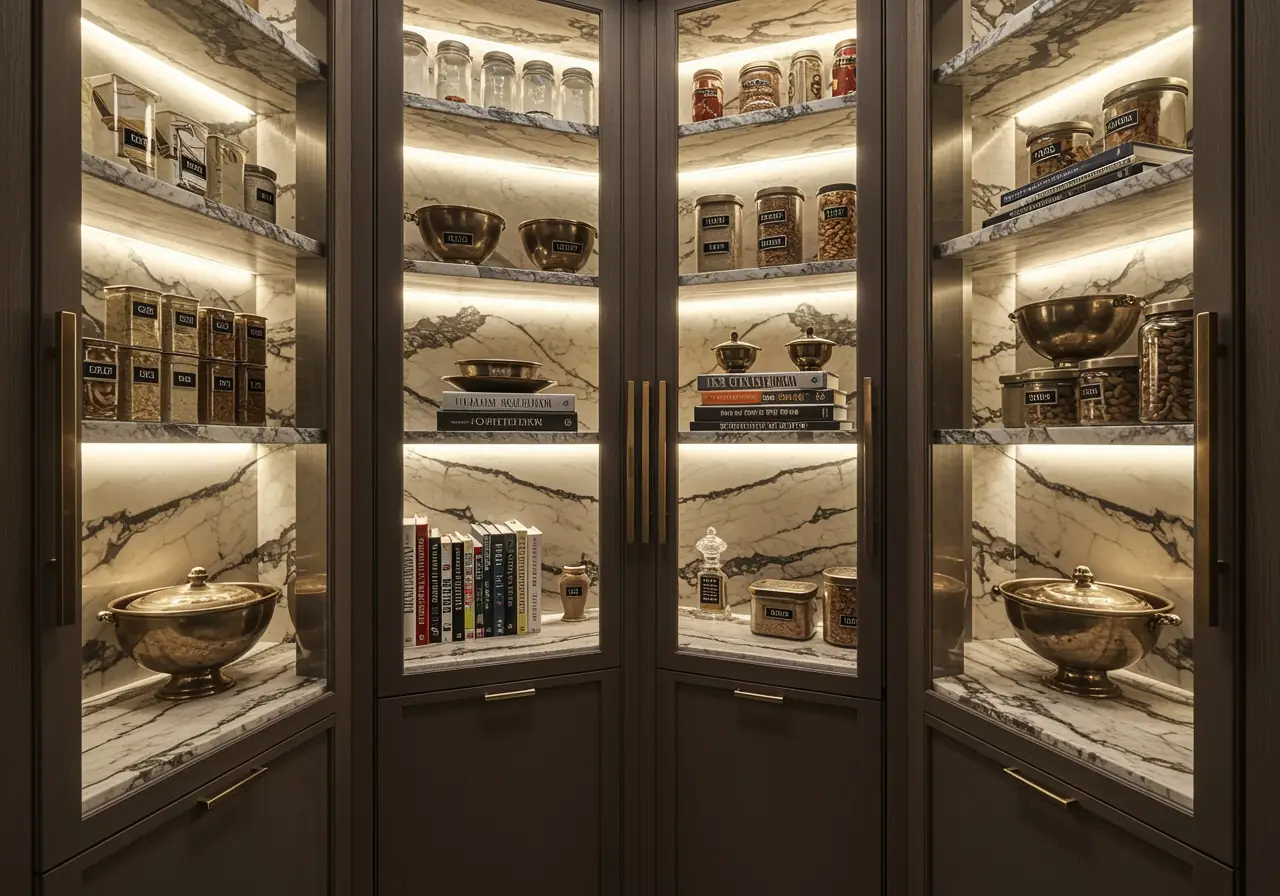 Marble-lined pantry shelves with glass doors and integrated lighting in Manhattan.