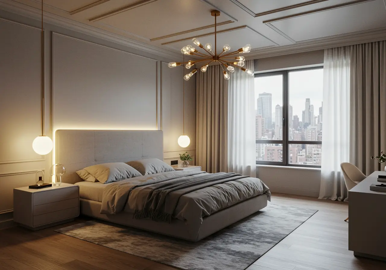 Luxury Manhattan bedroom with chandelier, sconces, and LED accent lighting creating layered illumination.