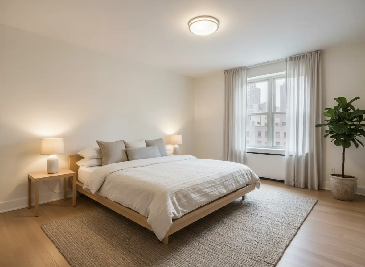 Manhattan bedroom with soft ambient lighting from a ceiling fixture creating a warm, balanced tone.