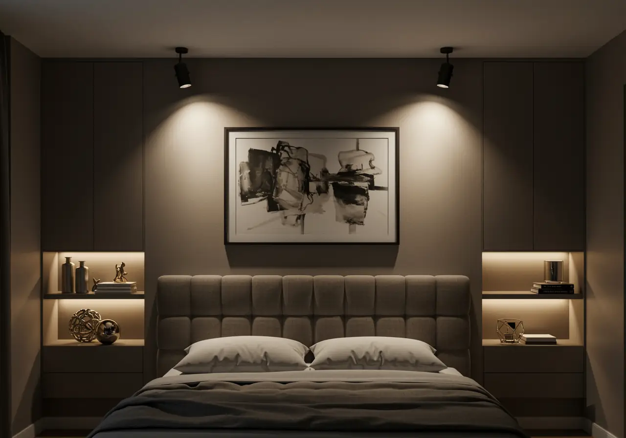 LED accent lighting emphasizing artwork above the bed in a luxury Manhattan bedroom.