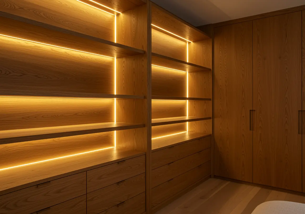 Custom oak millwork with concealed LED strips providing subtle accent lighting in a Manhattan home.