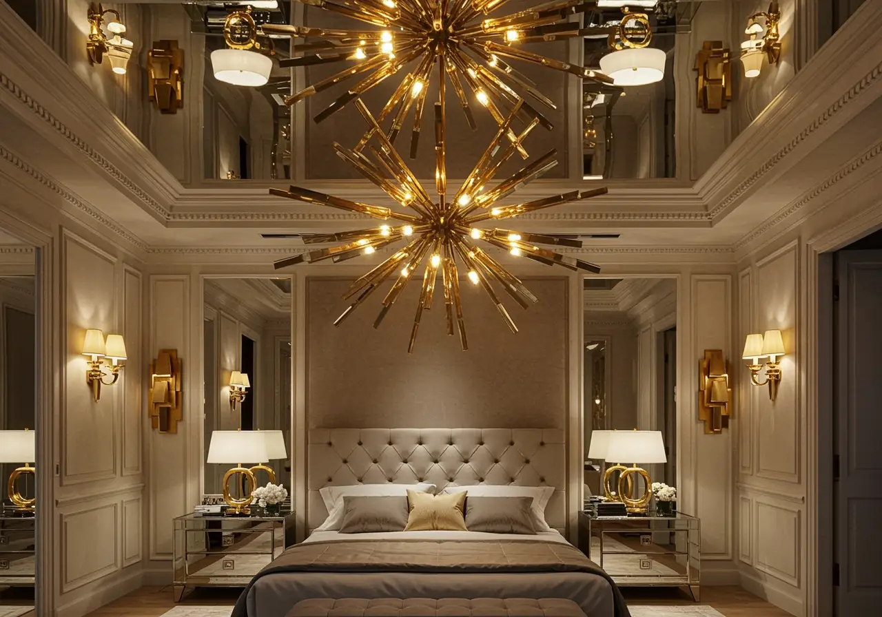 Luxury Manhattan bedroom featuring a gold chandelier as the central lighting element.