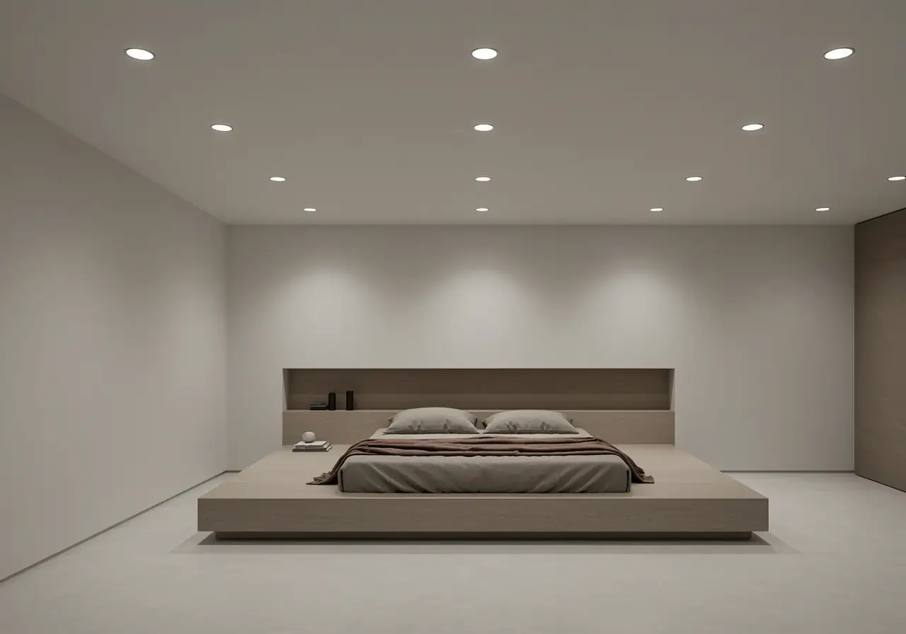 Minimalist Manhattan bedroom with recessed ceiling lights providing soft, even illumination.