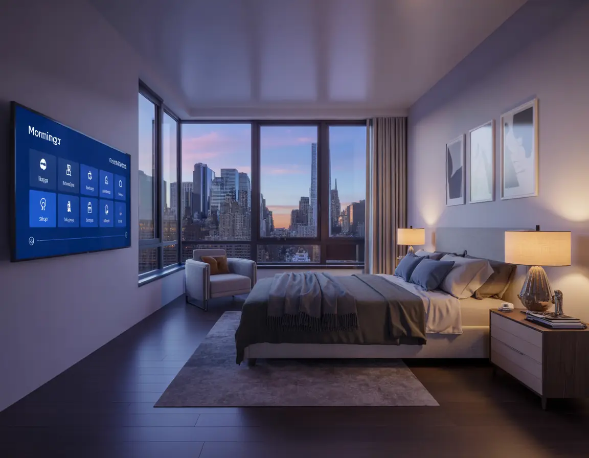 Manhattan bedroom with smart lighting control panel displaying preset lighting scenes.