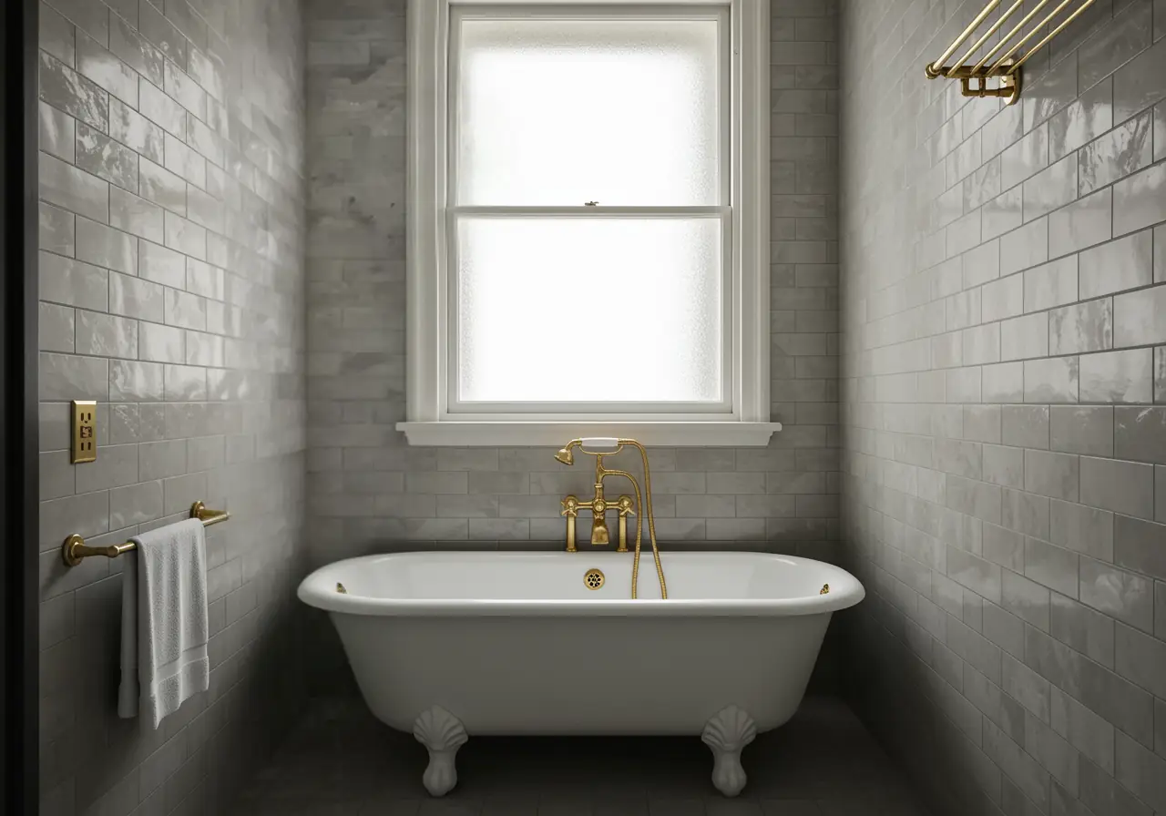 Luxury pre-war NYC bathroom with cast iron bathtub, gray tiles, and brass fixtures.