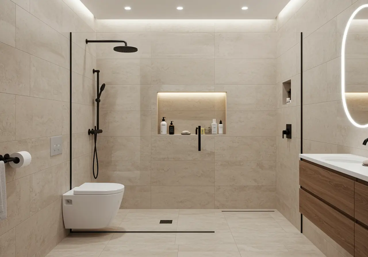 Small Manhattan walk-in shower with frameless glass, porcelain tiles, and black fixtures.