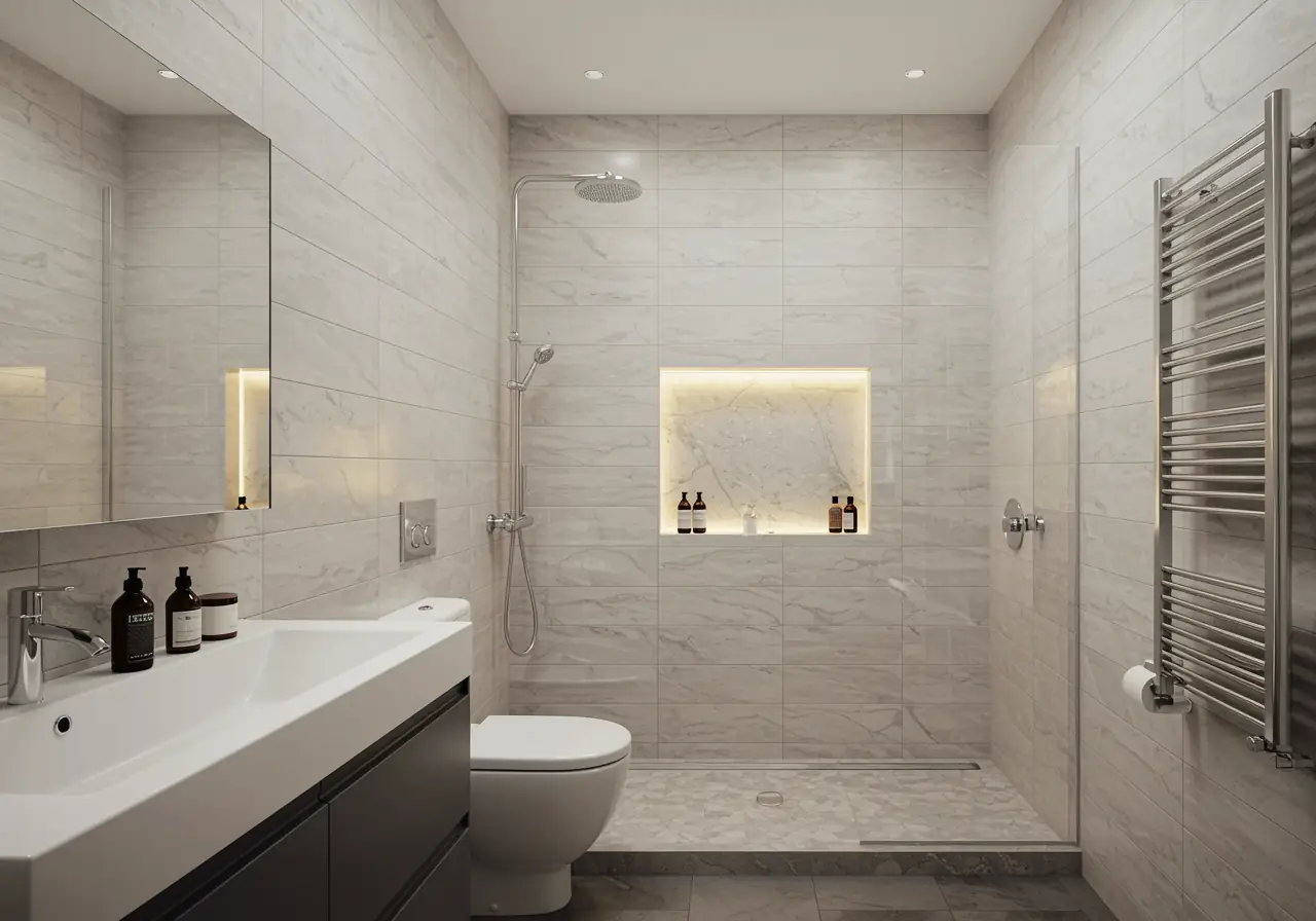 Porcelain tiles resembling Carrara marble in luxury Manhattan bathroom shower.
