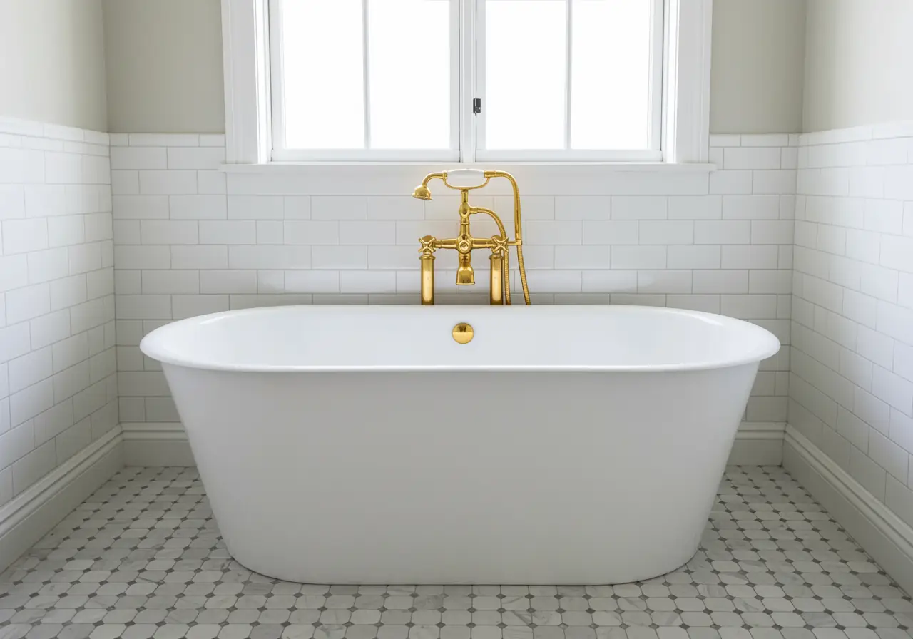 Freestanding acrylic bathtub with brass fixtures in small modern NYC bathroom.