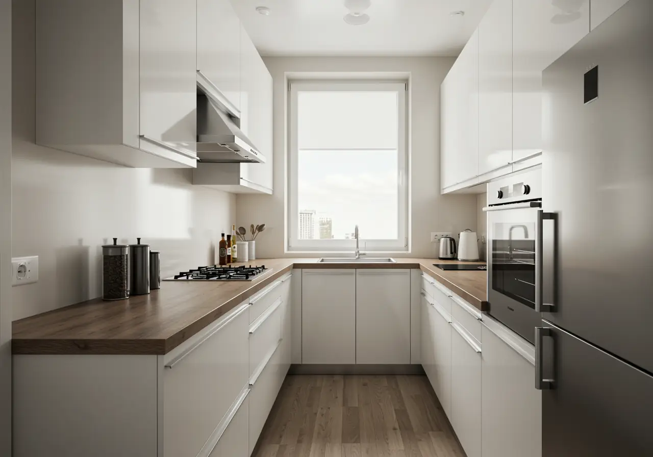High-gloss white lacquer kitchen cabinets in a compact Manhattan apartment.