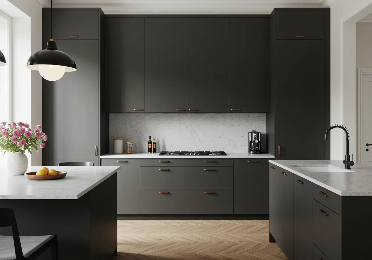 Matte charcoal lacquer kitchen cabinets with stone countertops in Manhattan.
