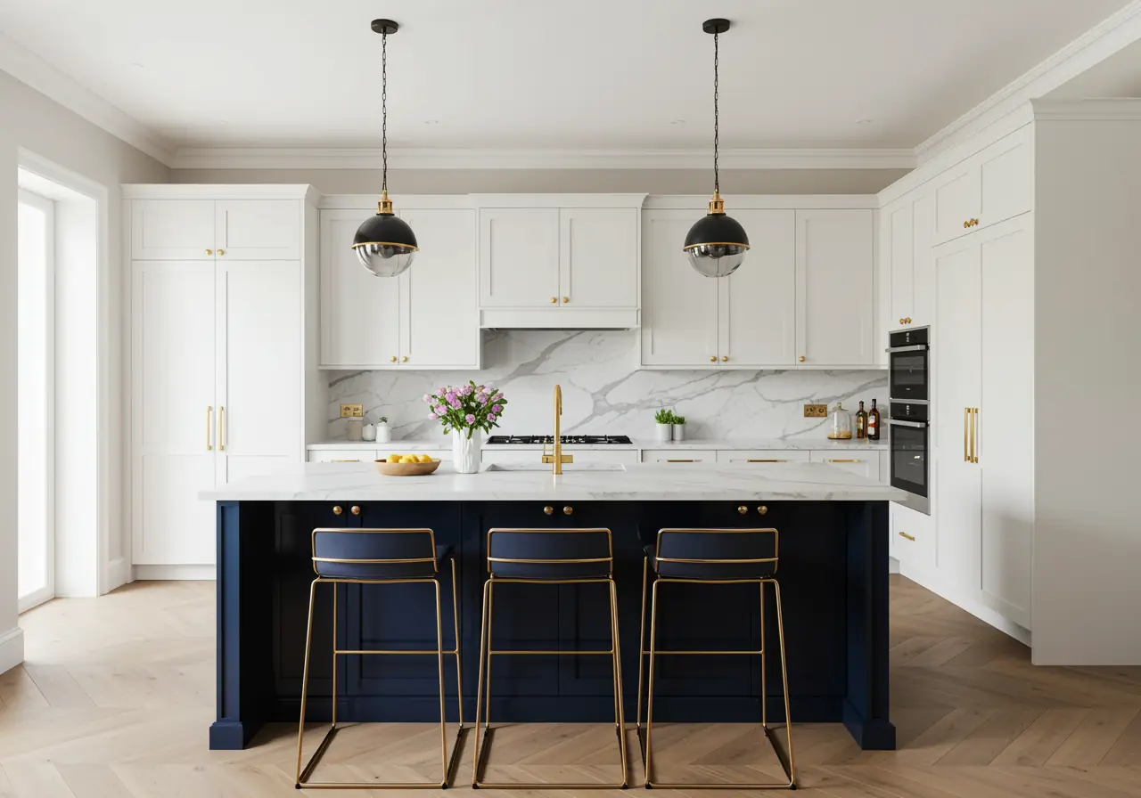 High-gloss navy lacquer kitchen island with matte white cabinets in Manhattan.