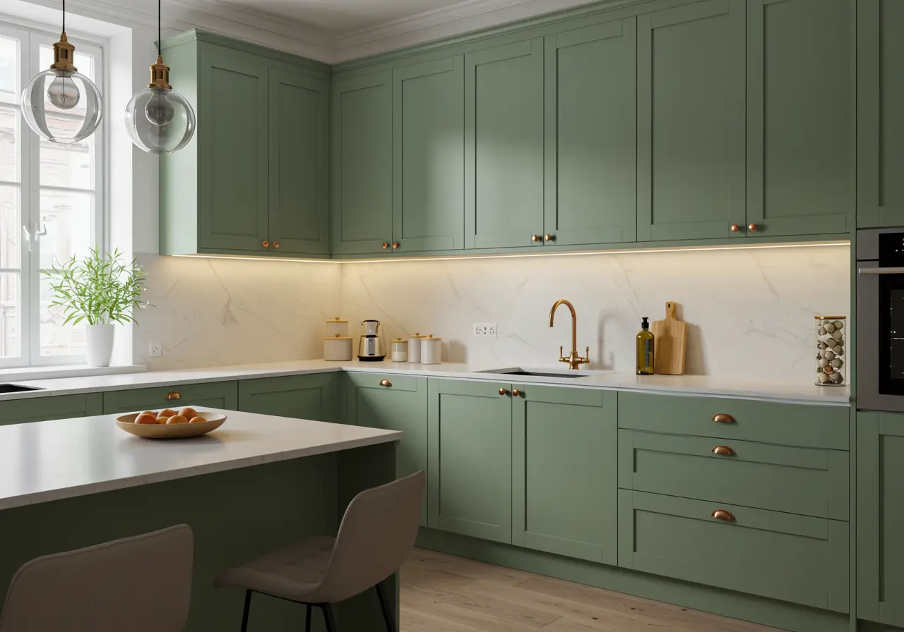 Matte sage lacquer kitchen cabinets in a well-lit Manhattan home.