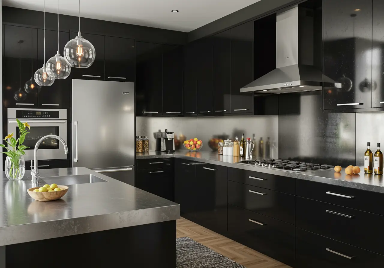 High-gloss black lacquer kitchen cabinets with stainless accents.