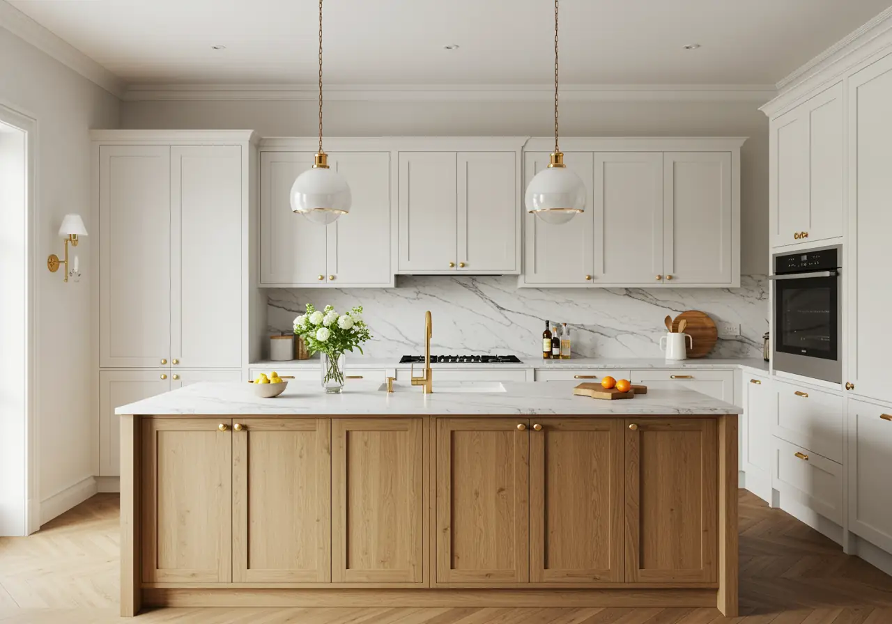 Matte white lacquer cabinets with wood island in a Manhattan kitchen.