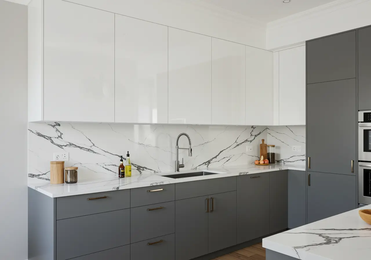 High-gloss white upper cabinets and matte graphite lower cabinets.
