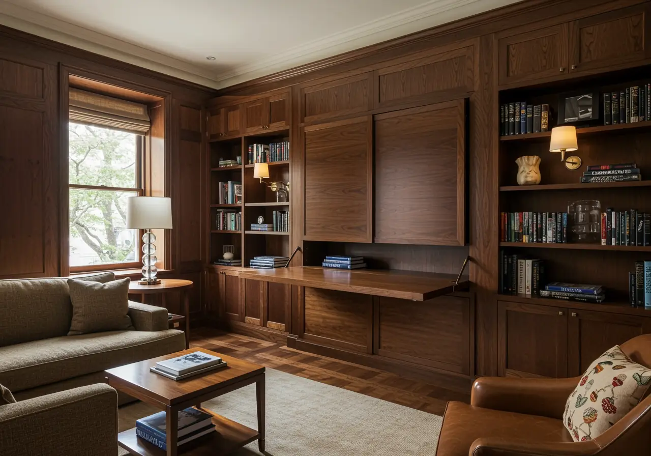 Hidden pivoting bookcase door in a Manhattan luxury library revealing a secret home office.