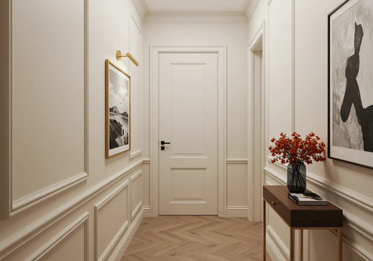 Seamless jib door flush with painted wall in a luxury Manhattan hallway.